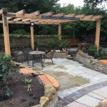 Stone sitting area with timber construction for modern garden